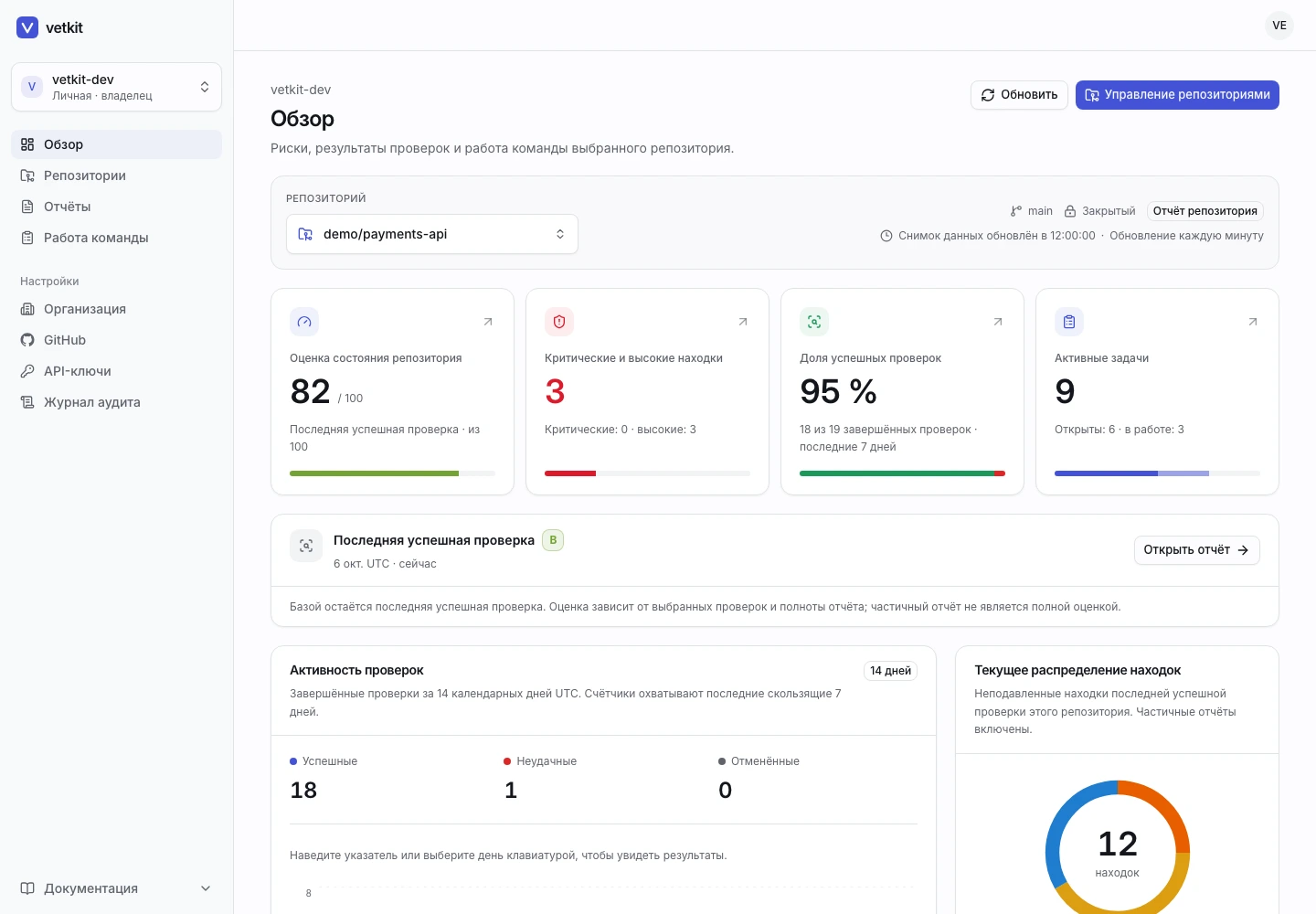 Обзор vetkit с состоянием деморепозитория, серьёзными находками, активностью сканирования и задачами по устранению.